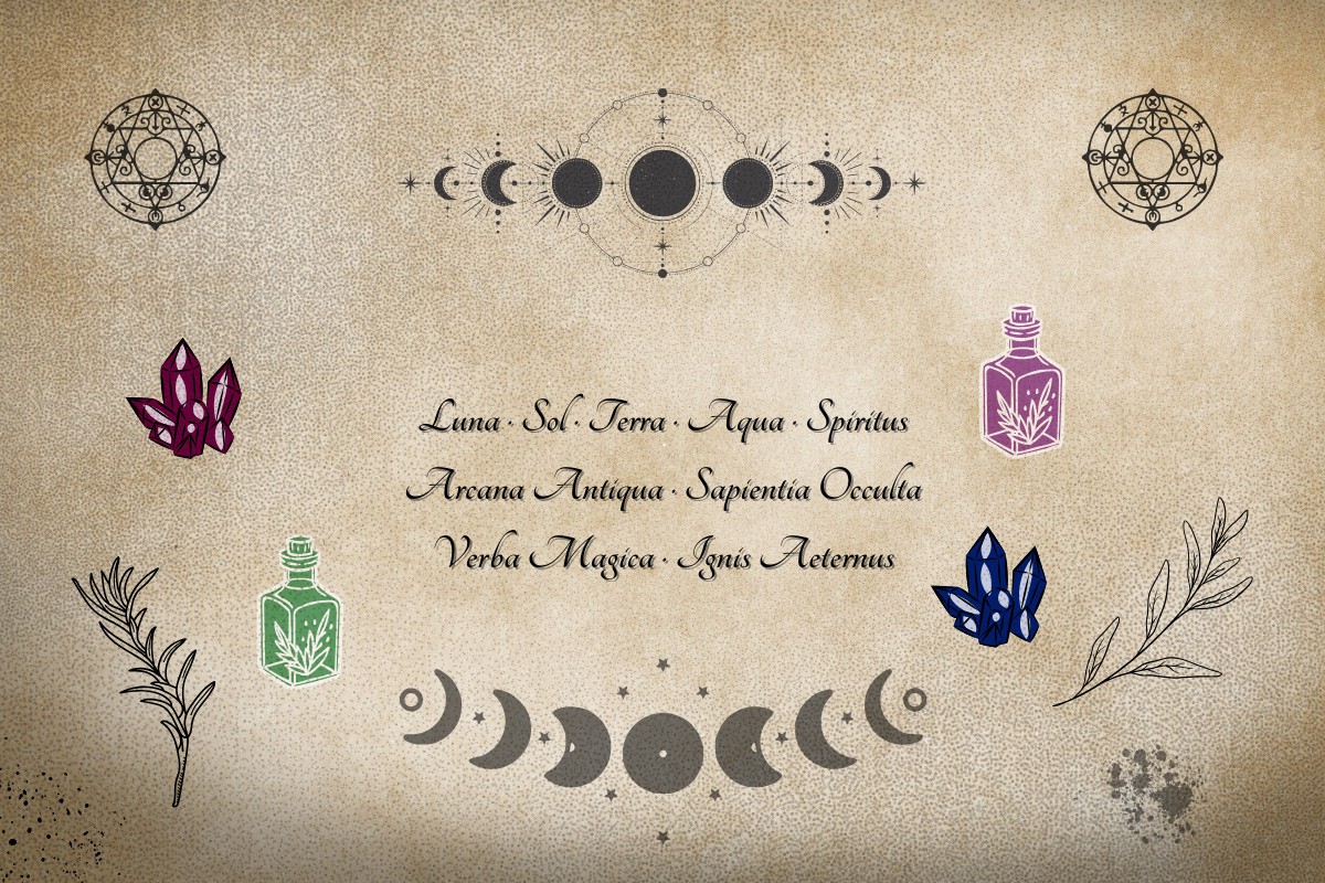 Luna · Sol · Terra · Aqua · Spiritus Arcana Antiqua · Sapientia Occulta Verba Magica · Ignis Aeternus